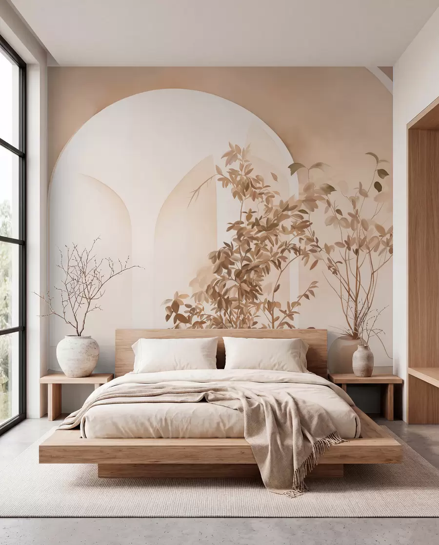 Fototapety Rastliny v kvetináčoch v béžových tónoch pred abstraktnými oblúkmi, minimalistický štýl, elegantné a čisté, neutrálne pozadie w09013