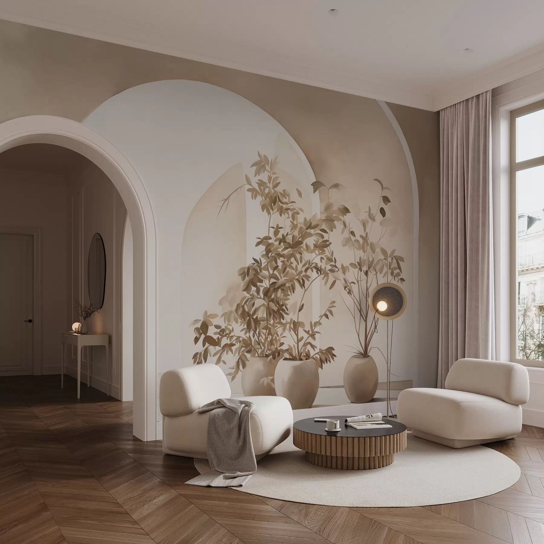 Fototapety Rastliny v kvetináčoch v béžových tónoch pred abstraktnými oblúkmi, minimalistický štýl, elegantné a čisté, neutrálne pozadie w09013