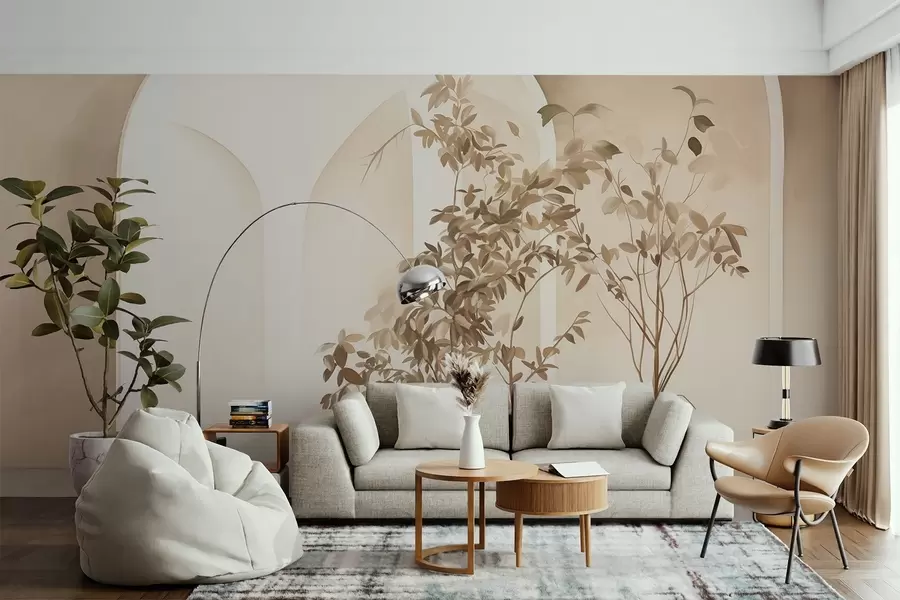 Fototapety Rastliny v kvetináčoch v béžových tónoch pred abstraktnými oblúkmi, minimalistický štýl, elegantné a čisté, neutrálne pozadie w09013