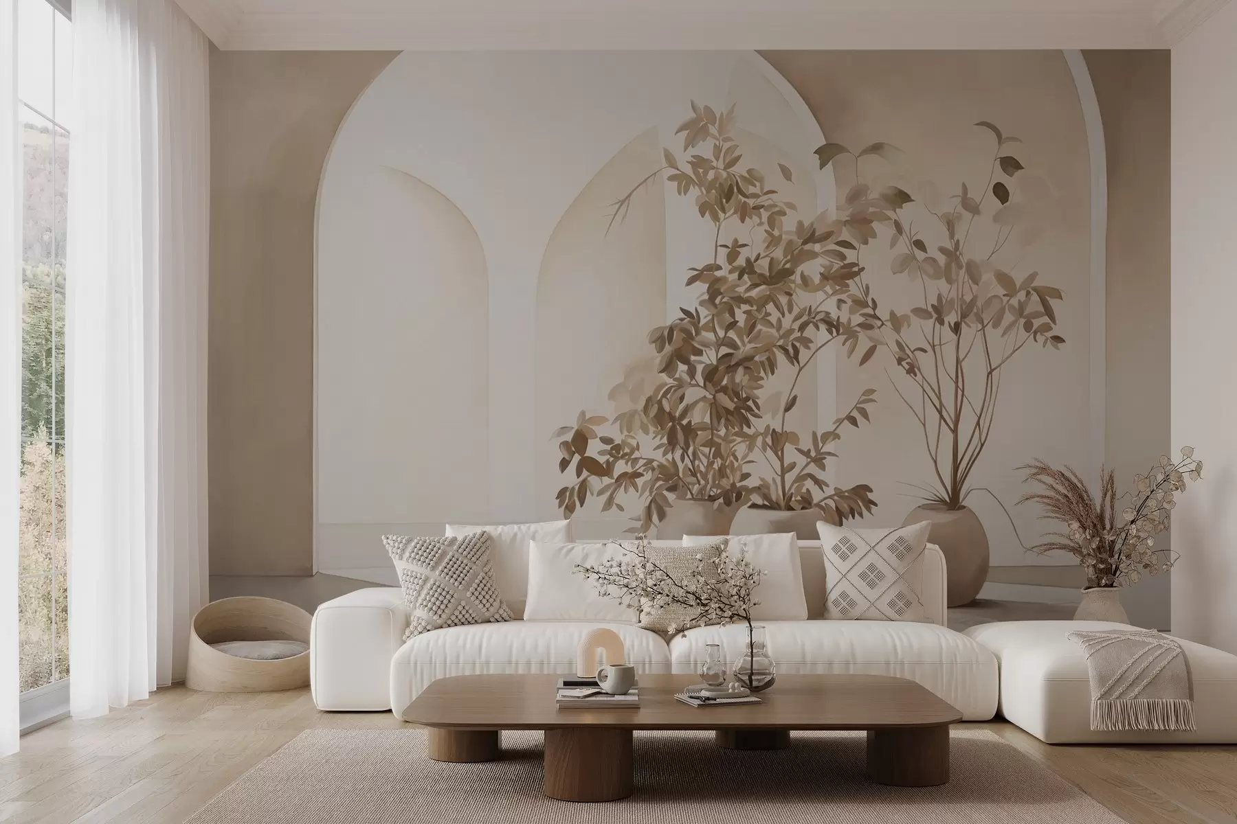 Fototapety Rastliny v kvetináčoch v béžových tónoch pred abstraktnými oblúkmi, minimalistický štýl, elegantné a čisté, neutrálne pozadie w09013