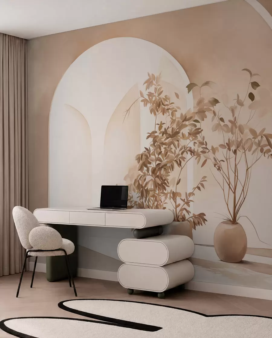 Fototapety Rastliny v kvetináčoch v béžových tónoch pred abstraktnými oblúkmi, minimalistický štýl, elegantné a čisté, neutrálne pozadie w09013