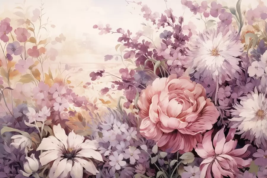 Fototapety Farebné kvety v ružových a fialových tónoch: šeříky, pivonky, chryzantémy w09039