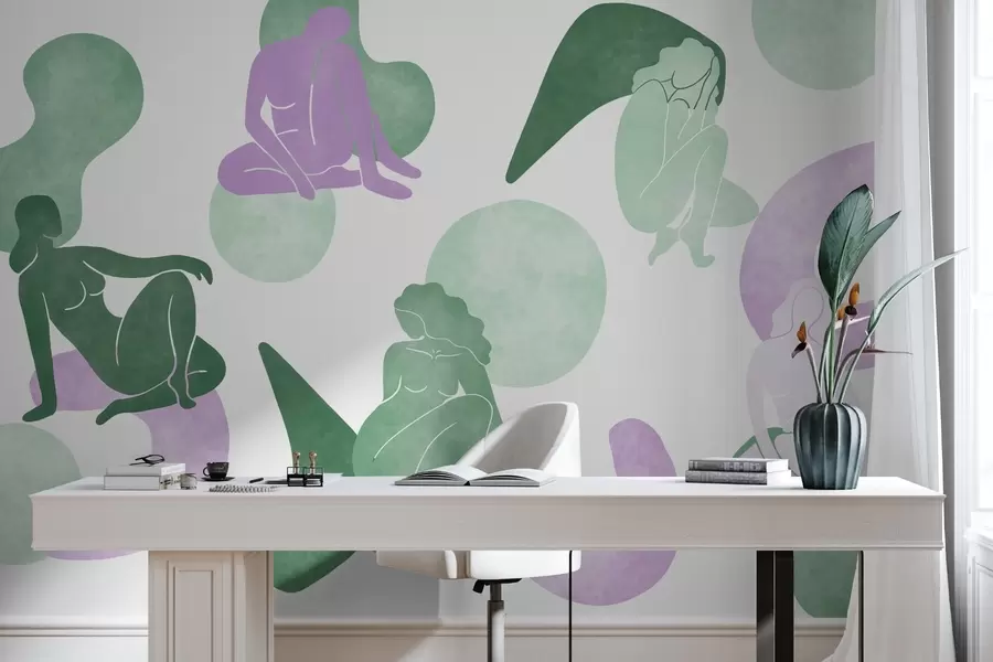 Fototapety Geometrické abstrakcie so ženskými siluetami, boho štýl, fialová, zelená w03753v4