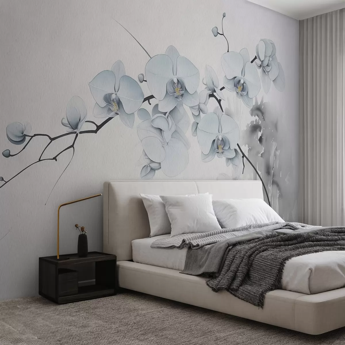 Fototapety Akvarelové orchidey v japonskom štýle na svetlom pozadí w03795