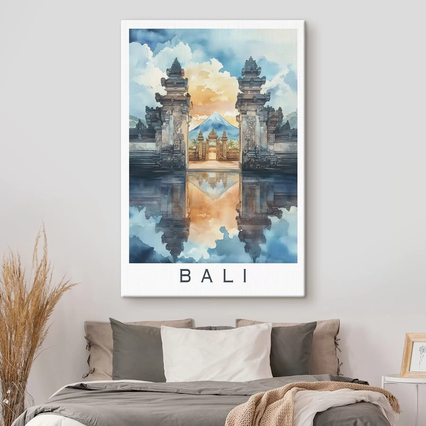 Obraz Bali estetika, chrám, západ slnka, tropická príroda, akvarel s44149