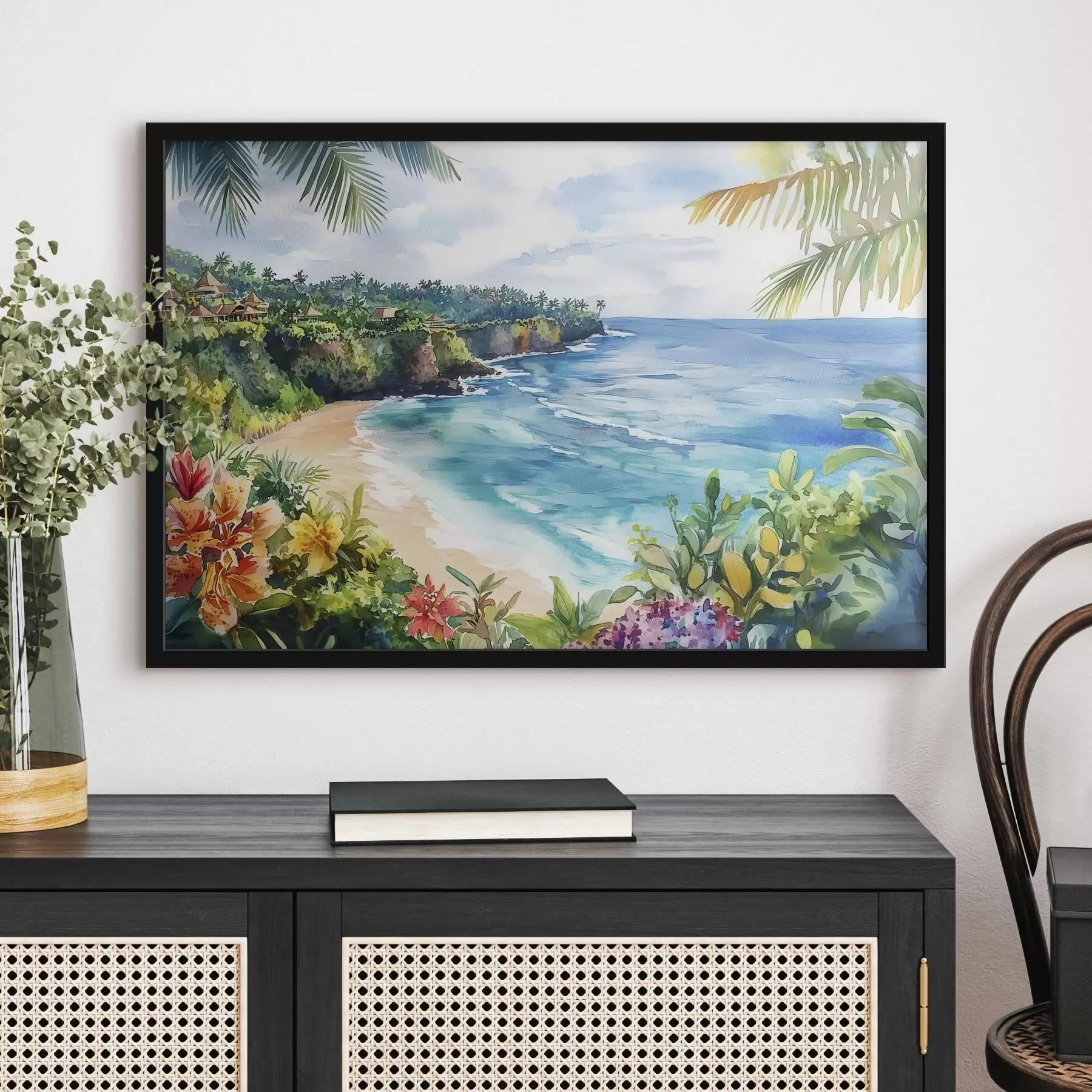 Fototapety Tropická oceánska pláž, palmy, kvety, akvarel f44145