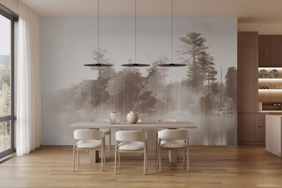 Fototapety Abstraktný minimalizmus textúrovaná krajina s jazerom a odrazmi stromov vo vode v béžových a bielych odtieňoch w09058v1