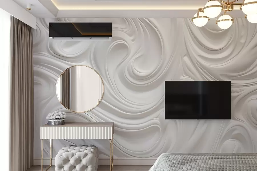 Fototapety Biele abstraktné moderné umenie s tekutými vírami a vlnami, hladká štruktúra, elegantný dizajn, minimalistická estetika w09059