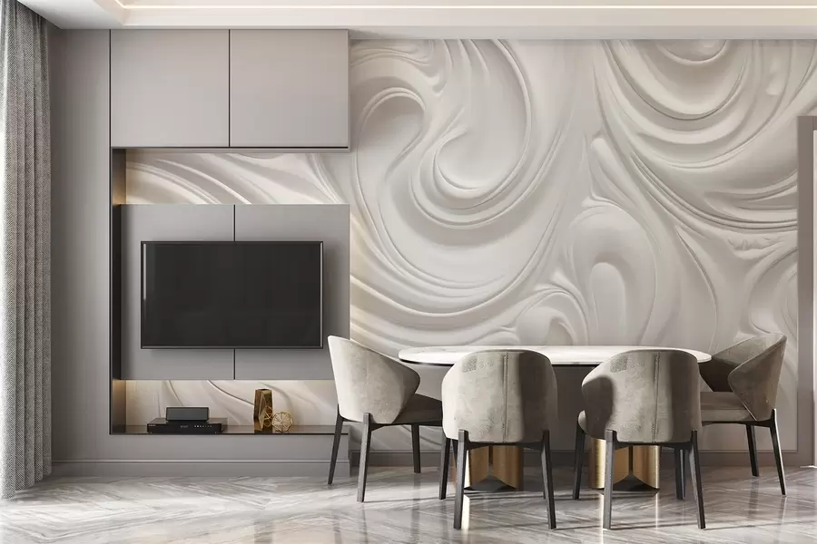 Fototapety Biele abstraktné moderné umenie s tekutými vírami a vlnami, hladká štruktúra, elegantný dizajn, minimalistická estetika w09059