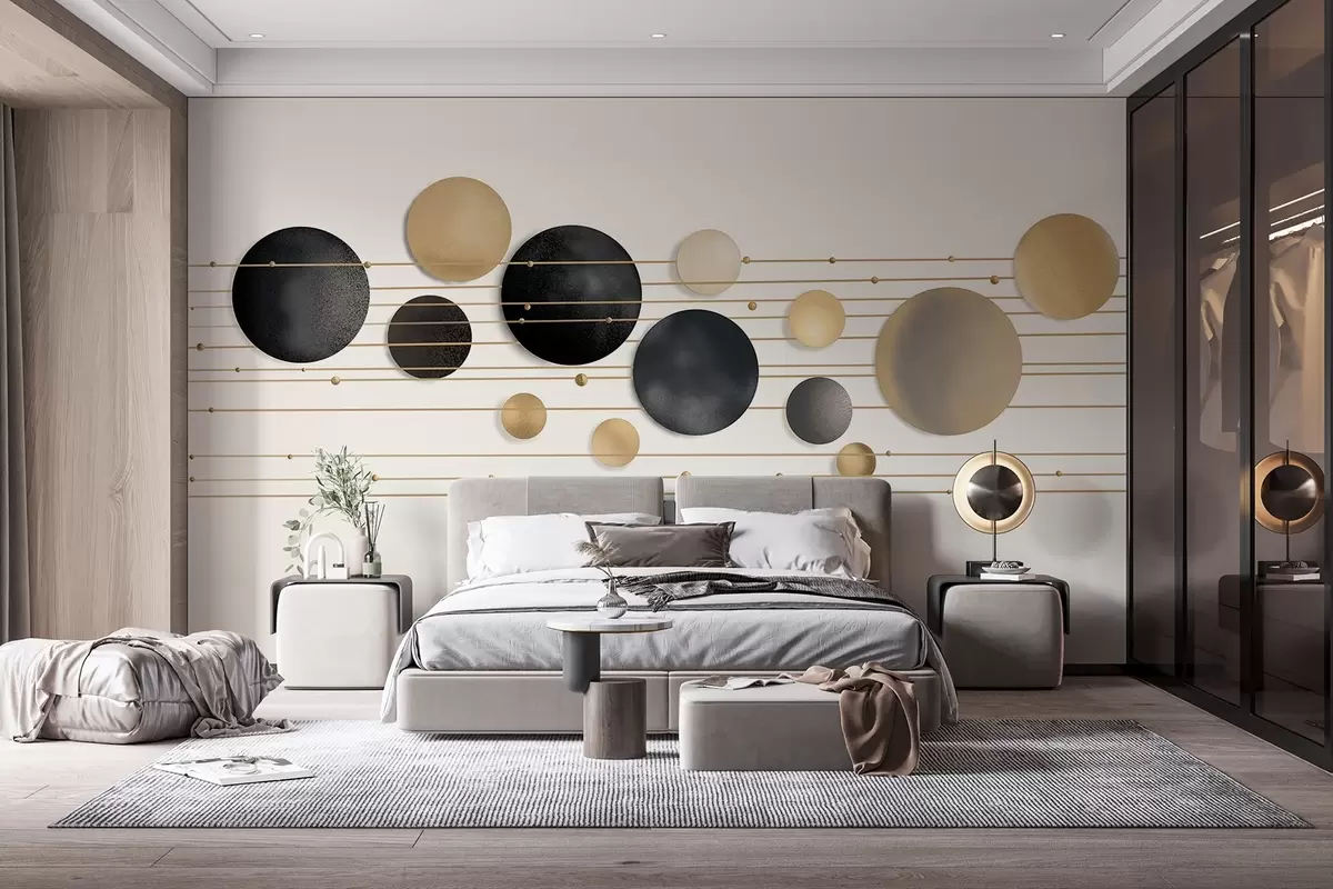 Fototapety Abstraktný moderný dizajn s textúrovanými kruhmi v bielych, žltých a sivých tónoch, ktoré sú spojené tenkými líniami, minimalistické umenie  w09060