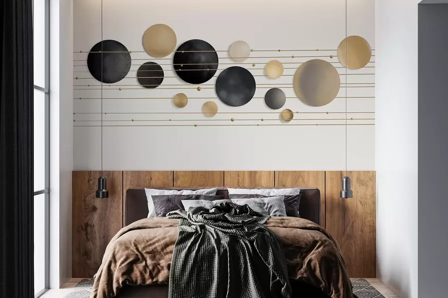 Fototapety Abstraktný moderný dizajn s textúrovanými kruhmi v bielych, žltých a sivých tónoch, ktoré sú spojené tenkými líniami, minimalistické umenie  w09060