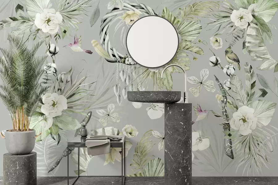 Fototapety Ozdoba v boho štýle s kvetmi pivónie a vtákmi, akvarelový štýl, zelené farby w03885v2 - Uwalls.sk Fototapety Ozdoba v boho štýle s kvetmi pivónie a vtákmi, akvarelový štýl, zelené farby w03885v2