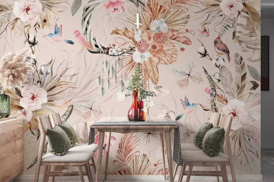Fototapety Ozdoba v boho štýle s kvetmi pivónie a vtákmi, akvarelový štýl, jemné farby w03885v3