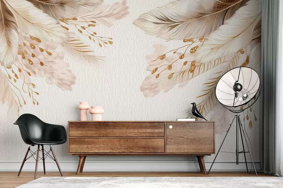 Fototapety Pampová tráva a perie v akvarelovom štýle v béžovej a bielej farbe na papieri w09079