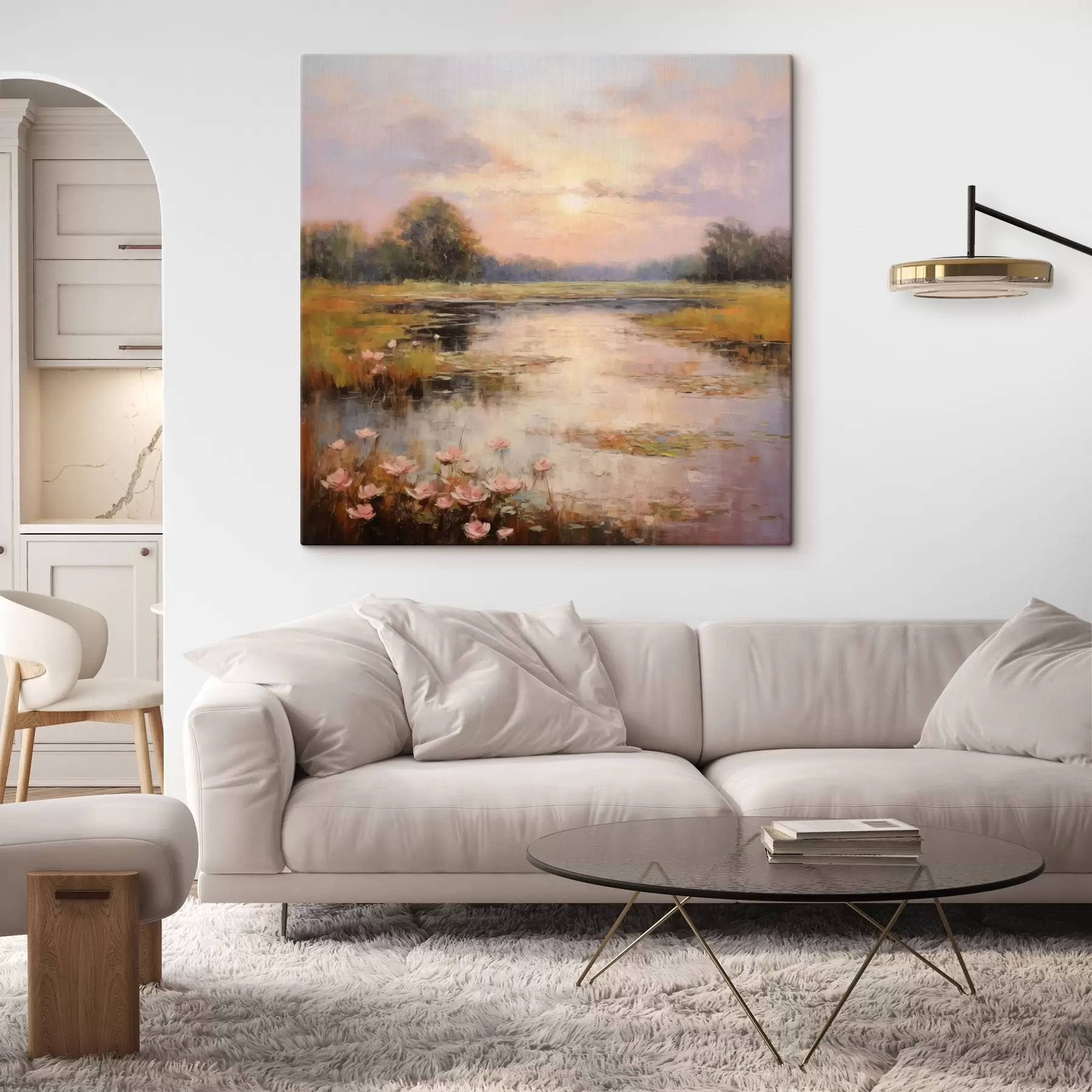 Obraz Vodná plocha s kvetmi pri západe slnka s44044