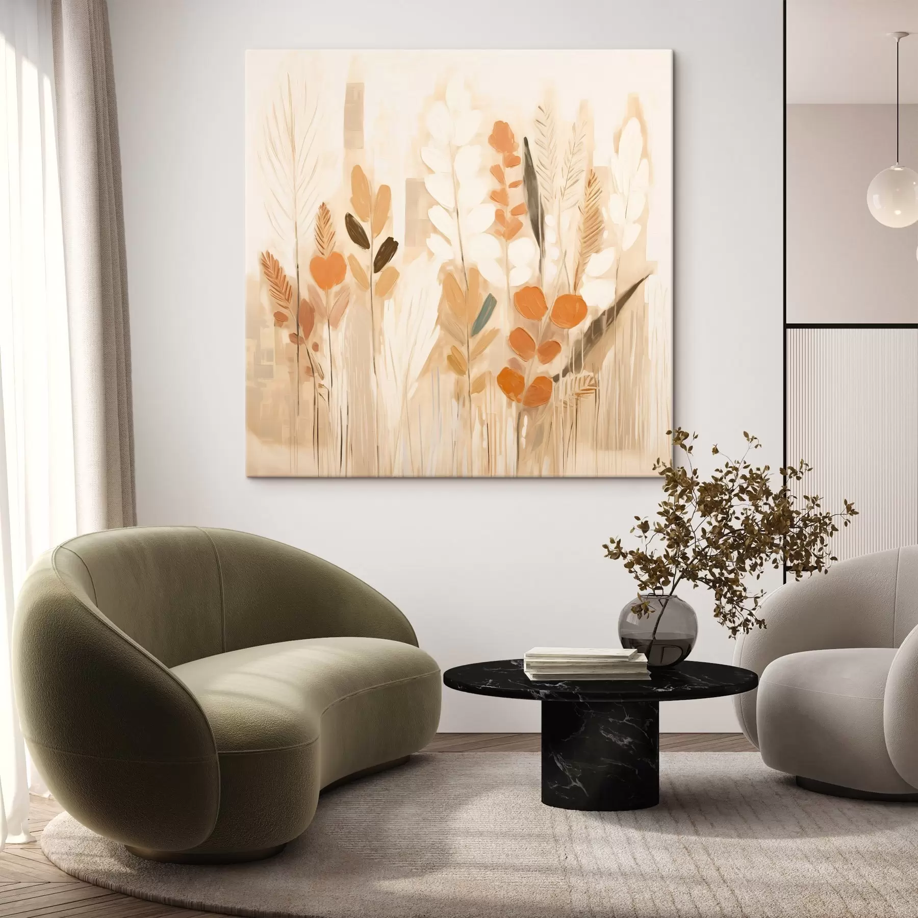 Obraz Teplá abstrakcia s poľnými trávami a kvetmi v béžovo-oranžovej palete v secesnom štýle s44252