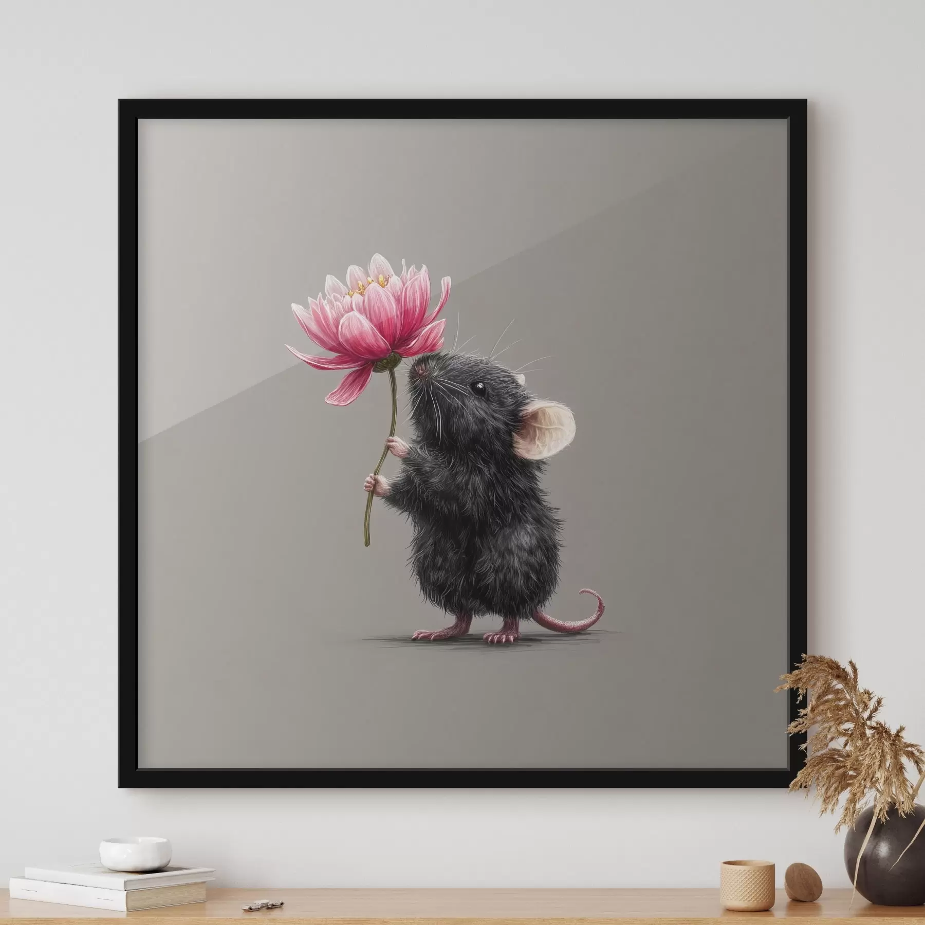 Fototapety Očarujúca myška vdychujúca vôňu ružovej pivonky f44248