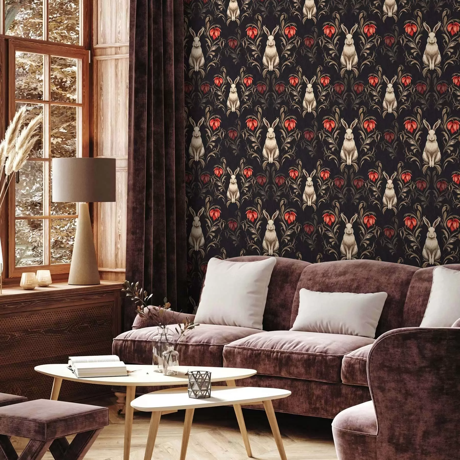 Fototapety Zajac a červené kvety na tmavom pozadí a00102