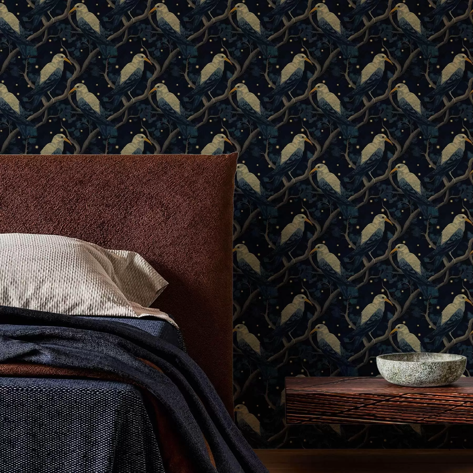 Fototapety Nočné vtáky na konároch a hviezdy na tmavomodrom pozadí a00109v1