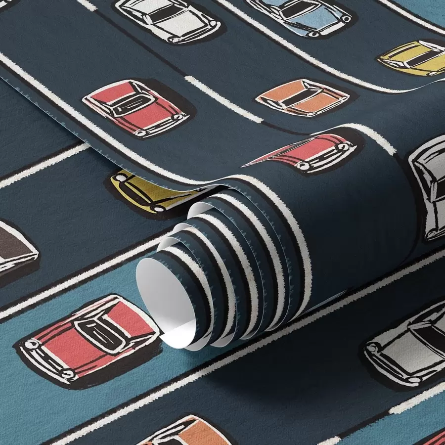 Fototapety Retro auto na tmavomodrej ceste v štýle 60. rokov a00118