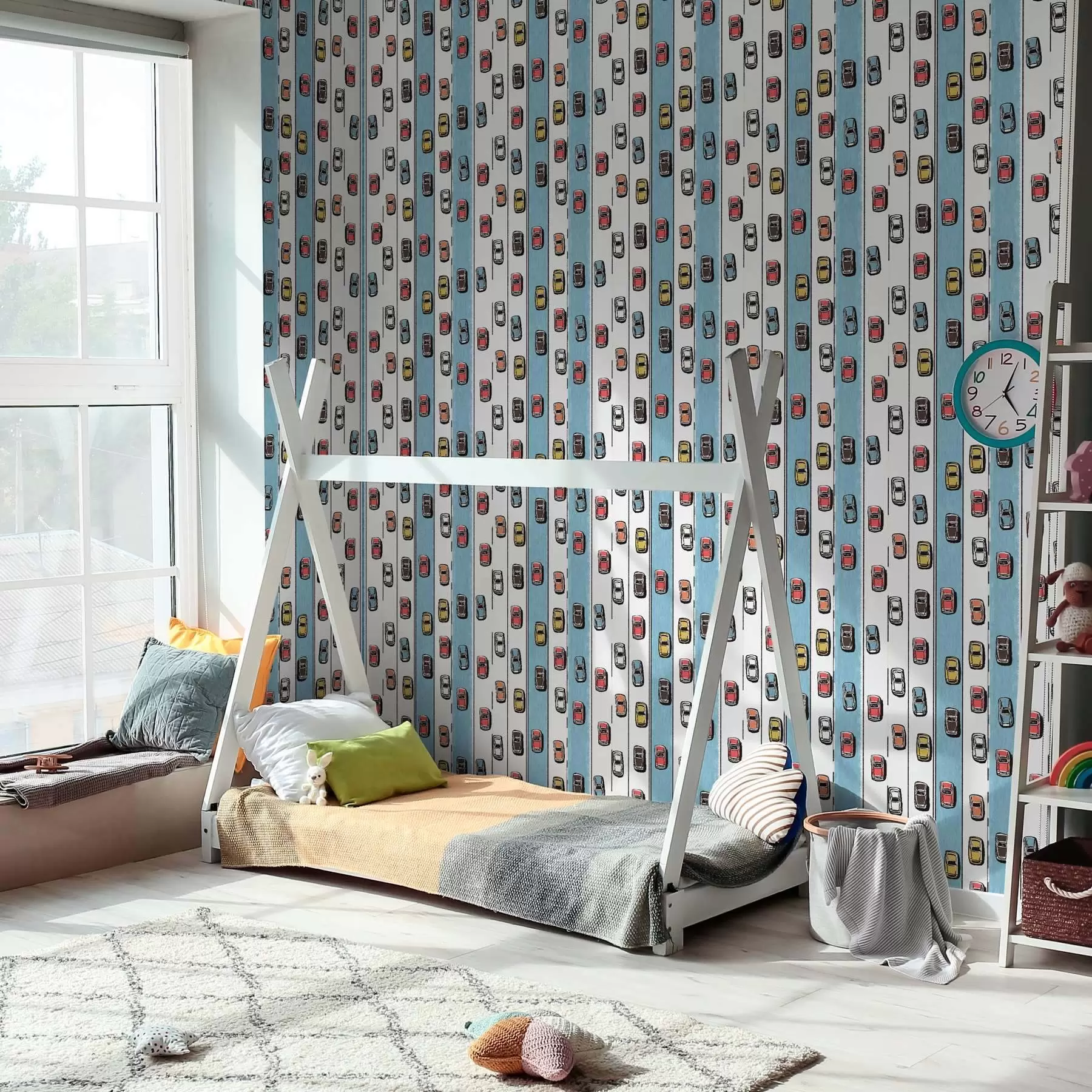 Fototapety Retro auto na bielej a modrej ceste v štýle 60. rokov a00118v2