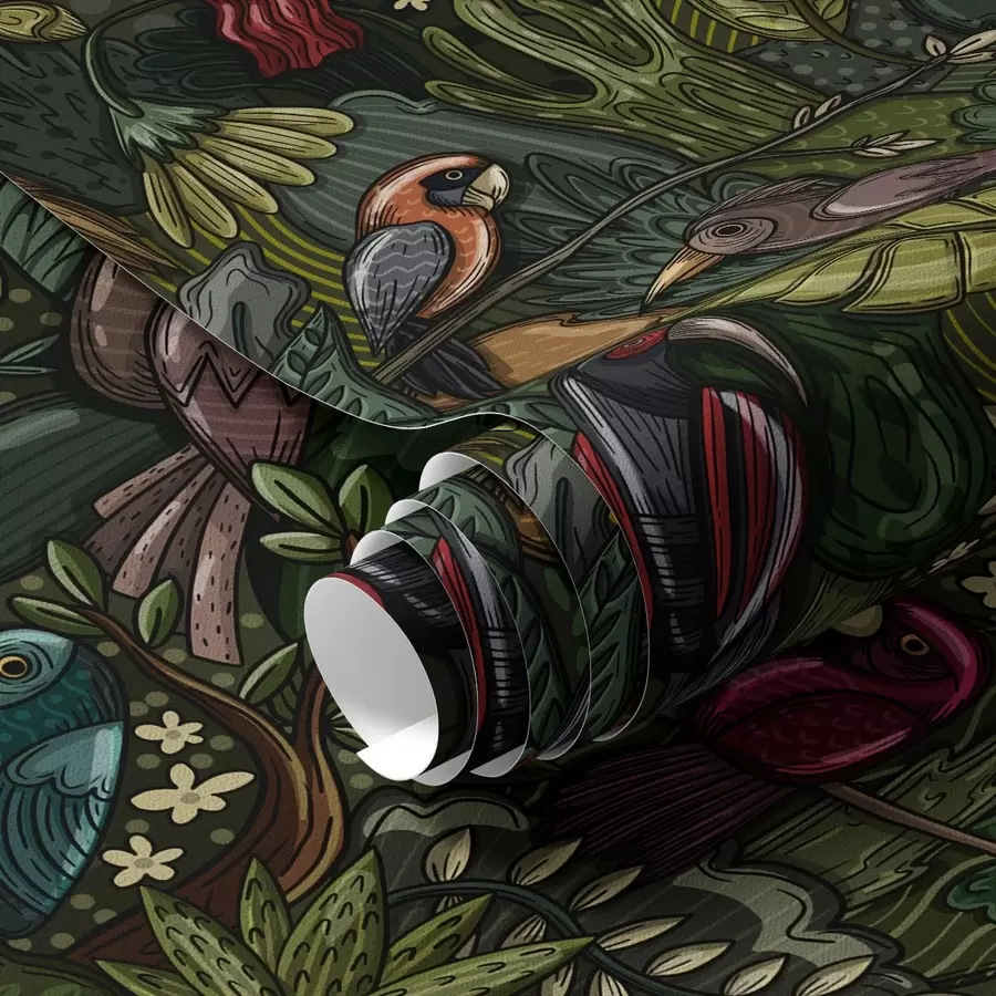 Fototapety Exotické vtáky v džungli v štýle rytiny a00157