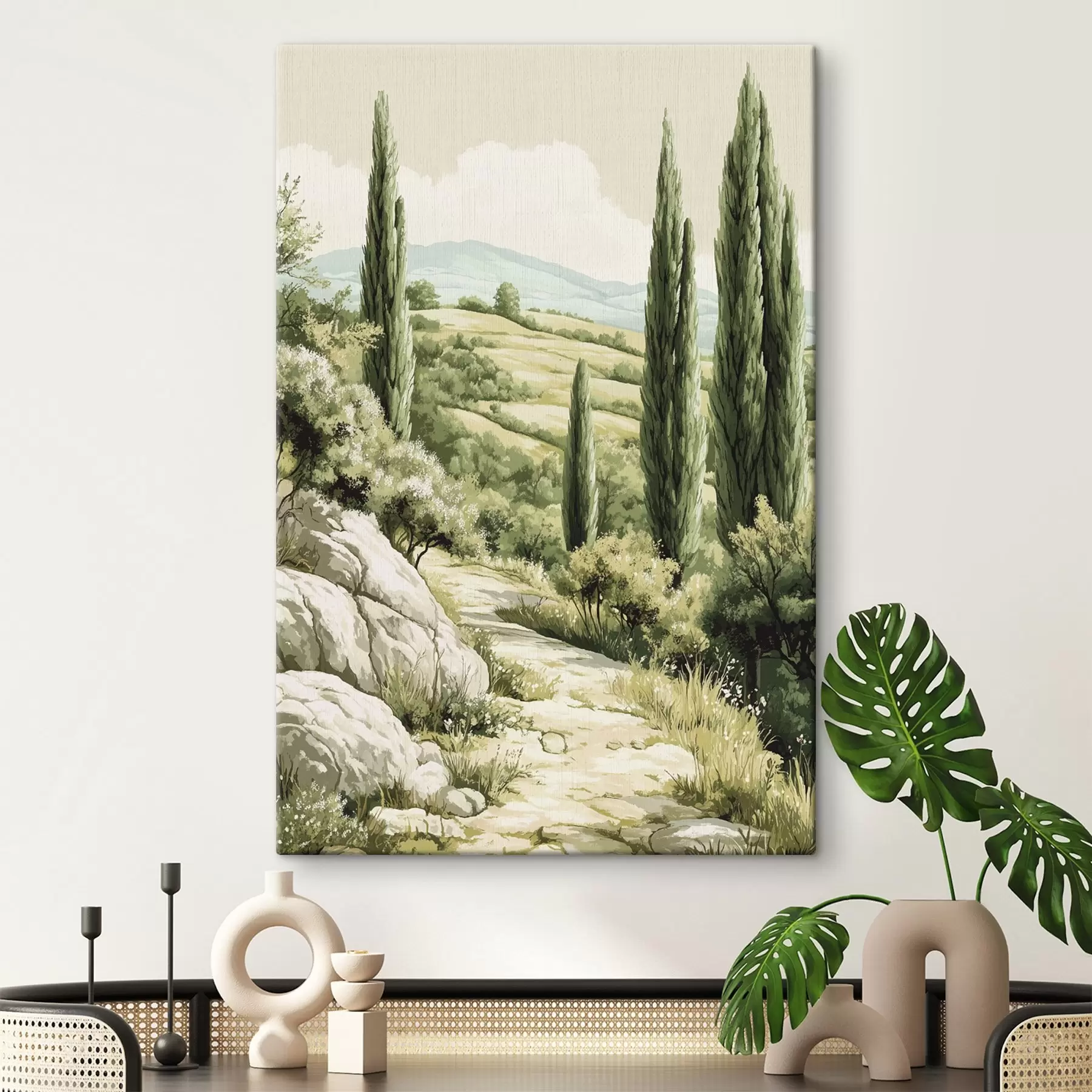 Obraz Letná krajina s cyprusmi a zelenými kopcami, rustikálny štýl s44308