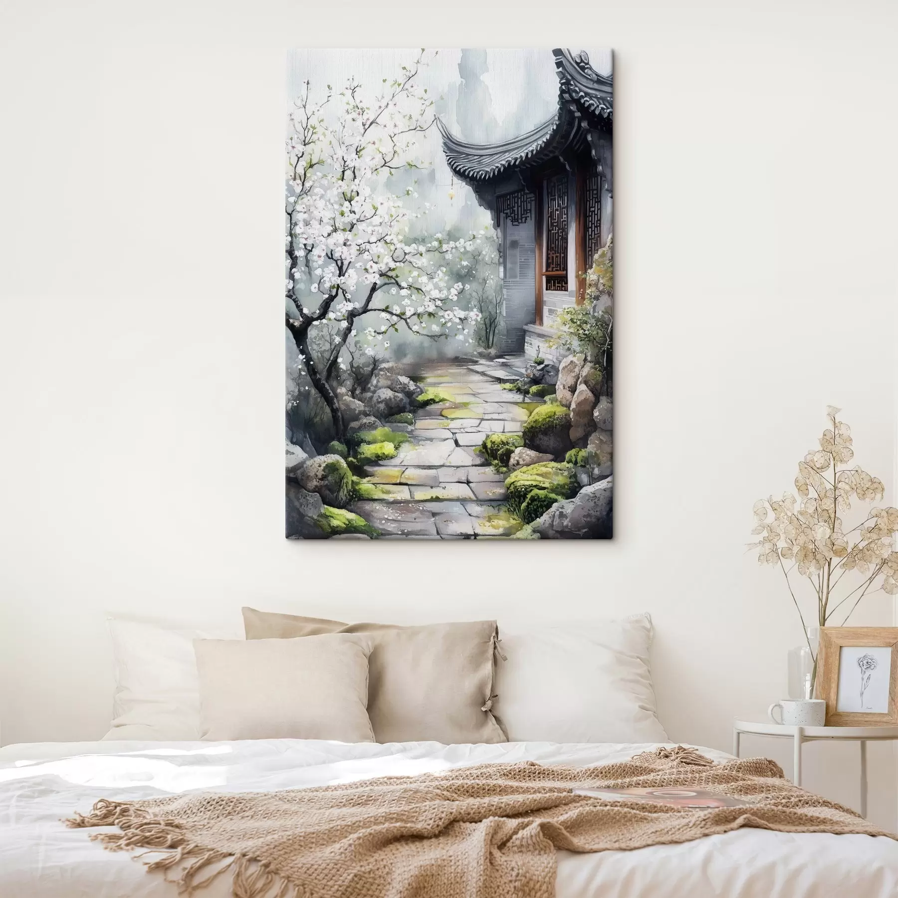 Fototapety Japonská záhrada s čerešňou a domom, orientálny, akvarelový štýl s44309