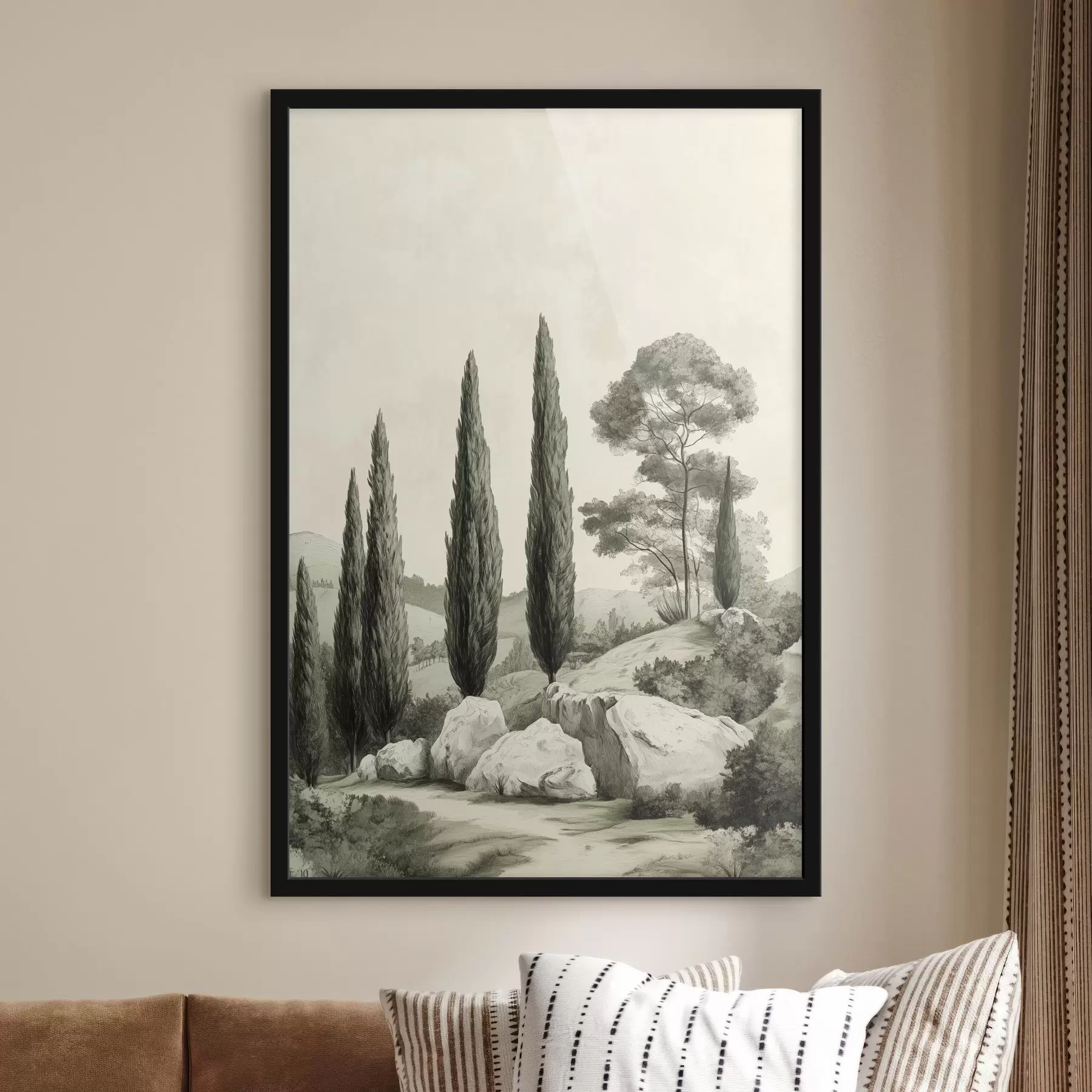 Fototapety Toskánska krajiny, pastelové farby, cyprusy, skaly, rustikálny štýl f44307