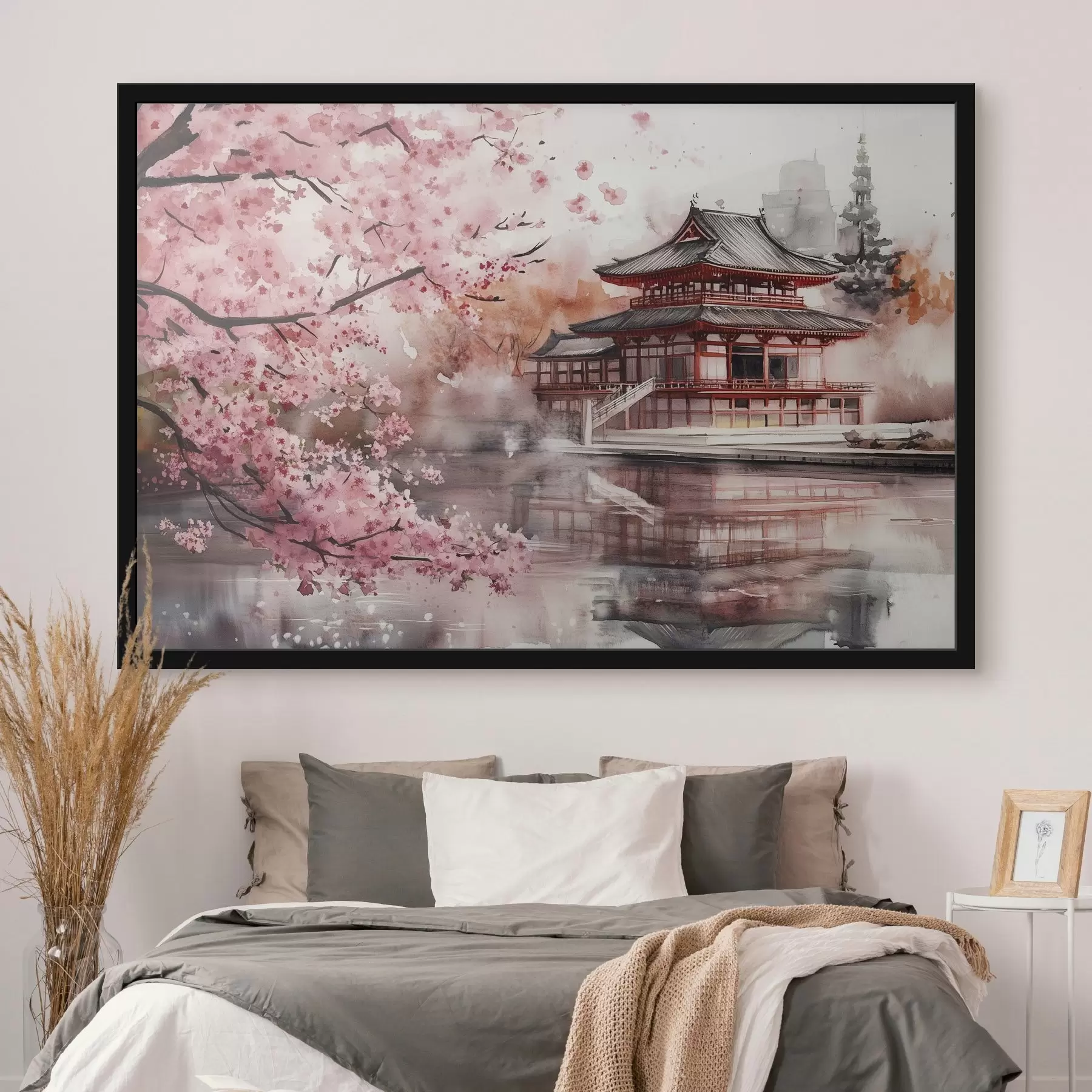 Obraz Krásna japonská krajina s kvitnúcou čerešňou a domom na jazere f44310
