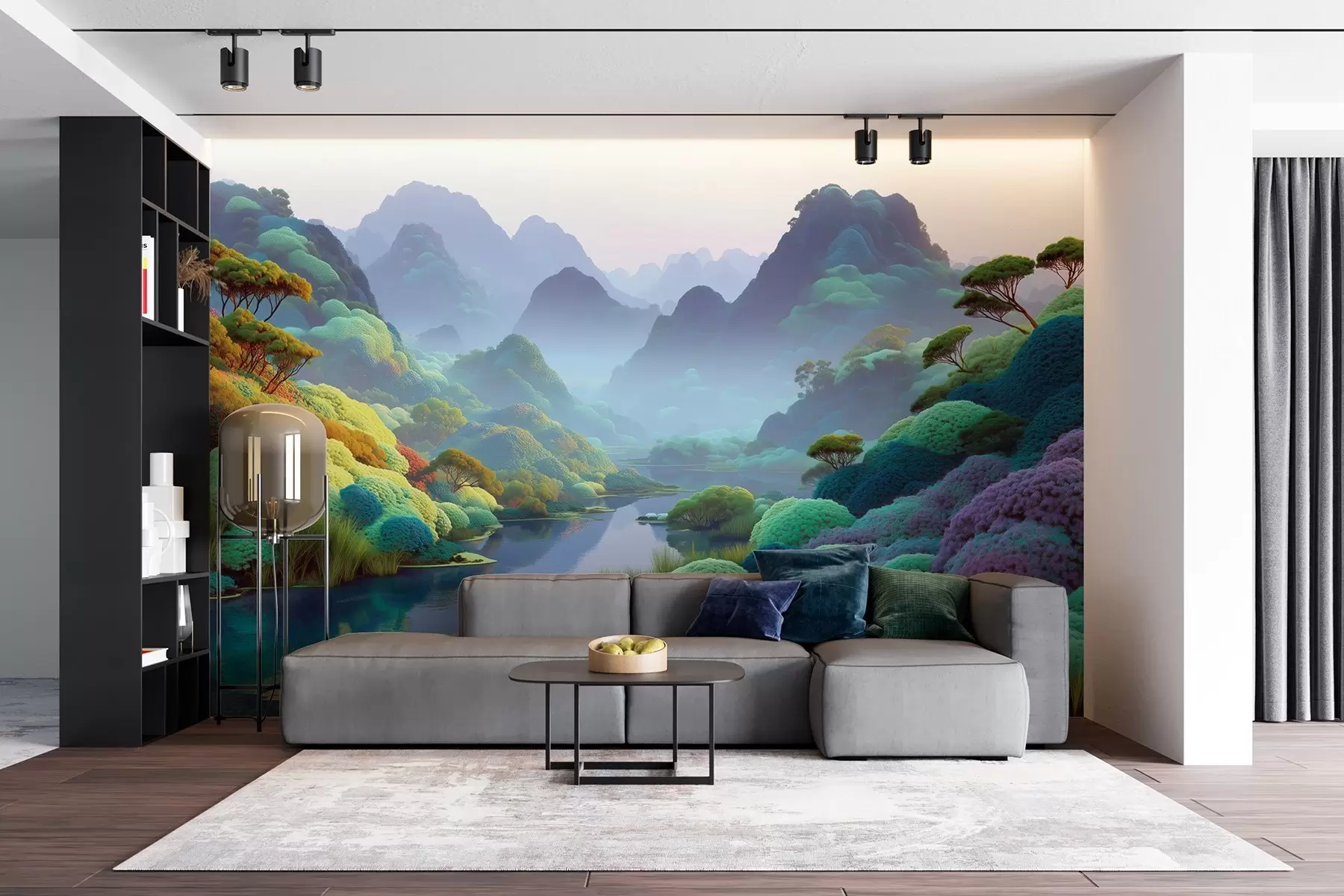 Fototapety Horská krajina s riekou v modrých tónoch so stromami a kríkmi w09088