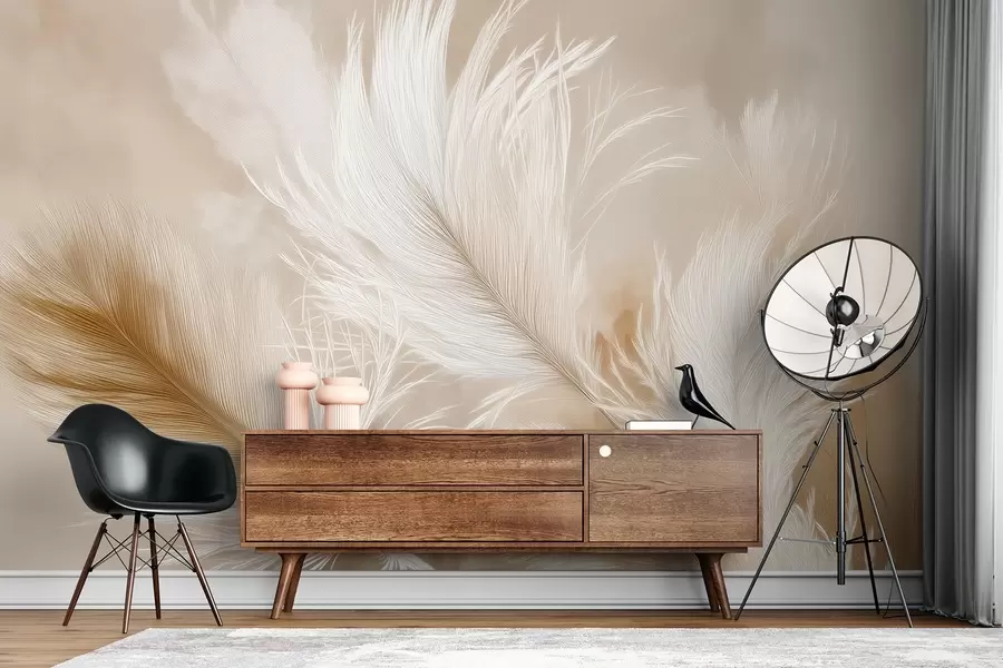 Fototapety Lietajúce vzdušné pierka na béžovom pozadí w09102