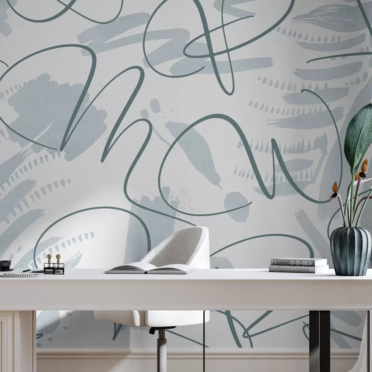 Fototapety Kaligrafická abstrakcia s písmenami, ťahy štetca, modrá farba w03913v1