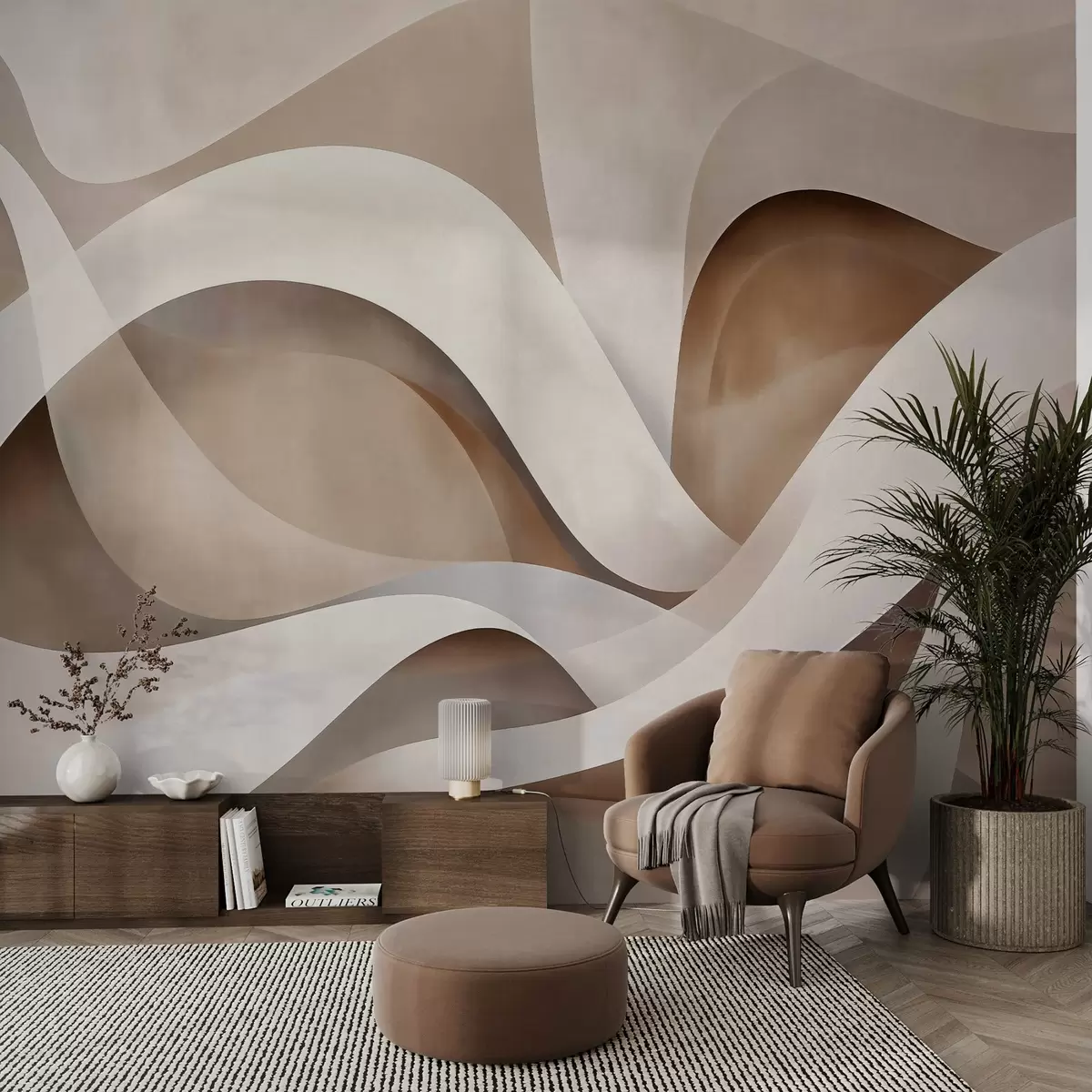 Fototapety abstraktná minimalistická kompozícia vrstvených organických tvarov, z ktorých každý je obkreslený jemným bielym okrajom, vyplnená hustými vnútornými lineárnymi ťahmi, ako je textúra látky alebo papiera, plynulé krivky v neutrálnych béžových, pieskových, kamenných a slonovinových tónoch, reliéfny vzhľad w03940v1