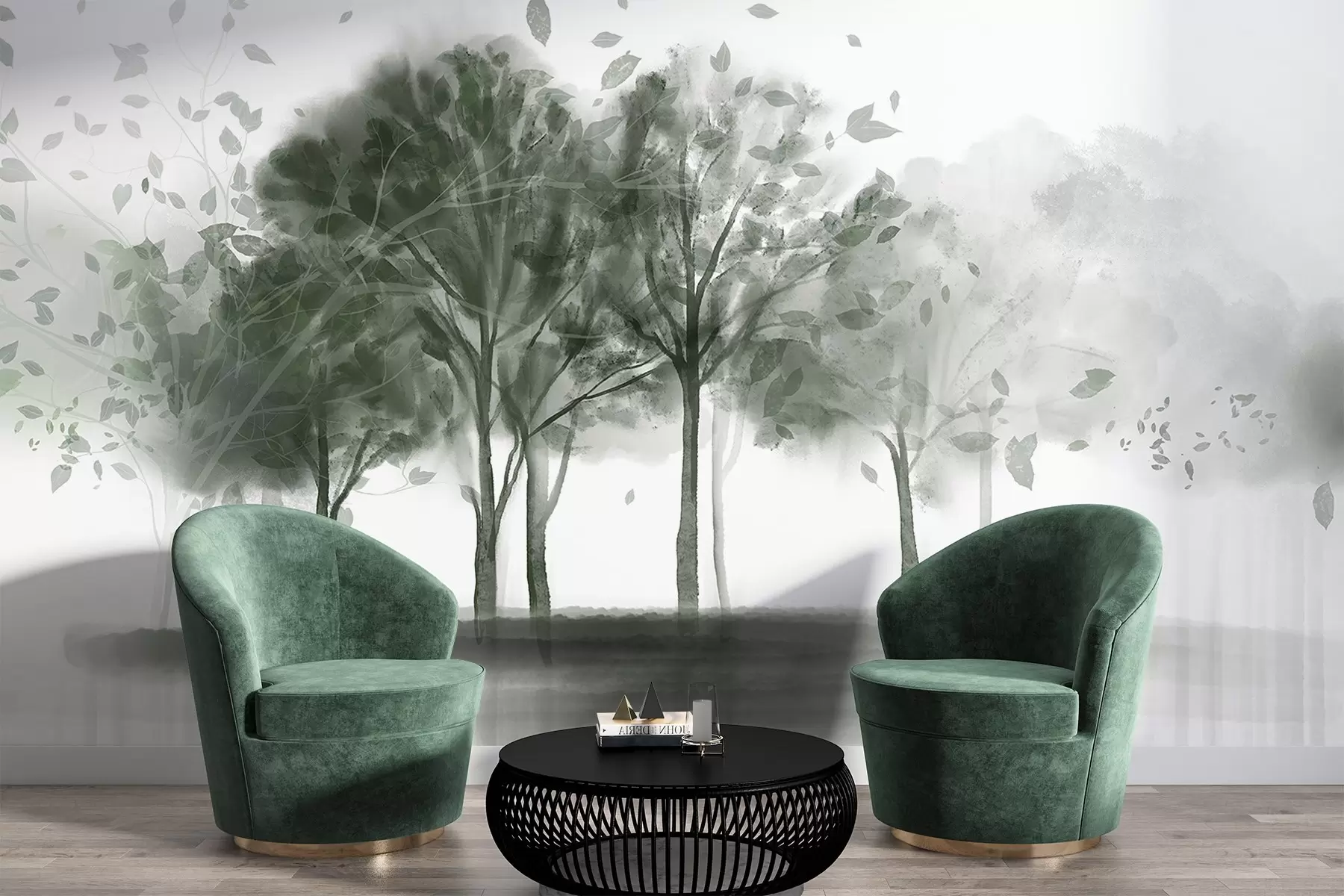 Fototapety Abstraktná krajina so stromami so zelenými listami odrážajúcimi sa vo vode, akvarelový textúrovaný štýl w09109