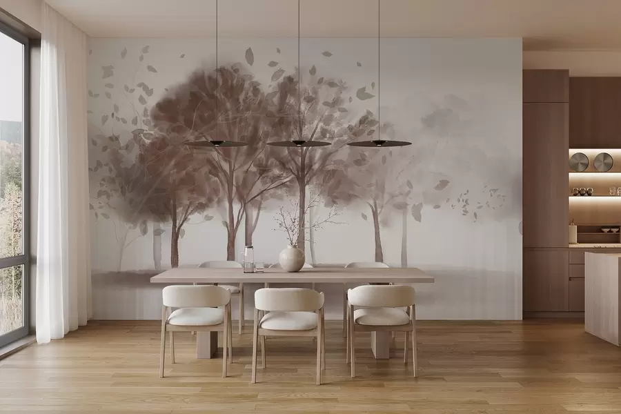 Fototapety Abstraktná krajina so stromami s hnedými listami odrážajúcimi sa vo vode, akvarelový textúrovaný štýl w09109v1