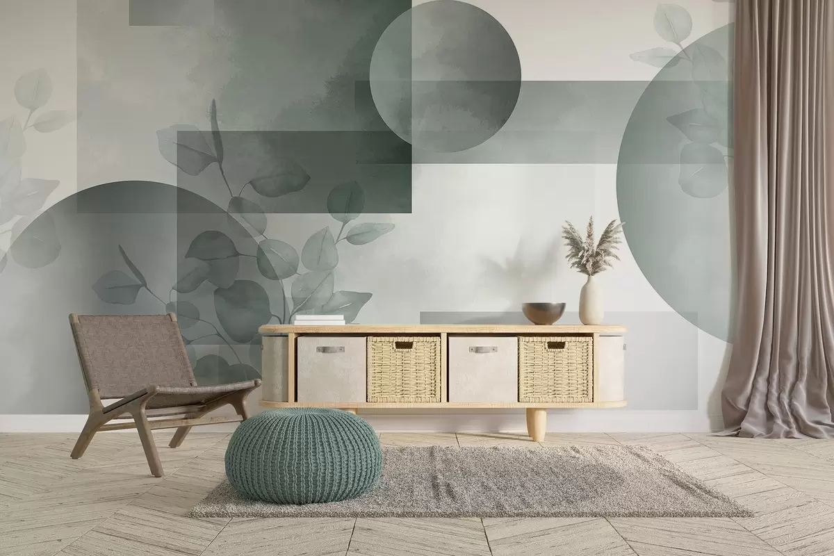 Fototapety Abstraktný moderný minimalistický geometrický dizajn s kruhmi a obdĺžnikmi, eukalyptové listy, akvarelový efekt w09110