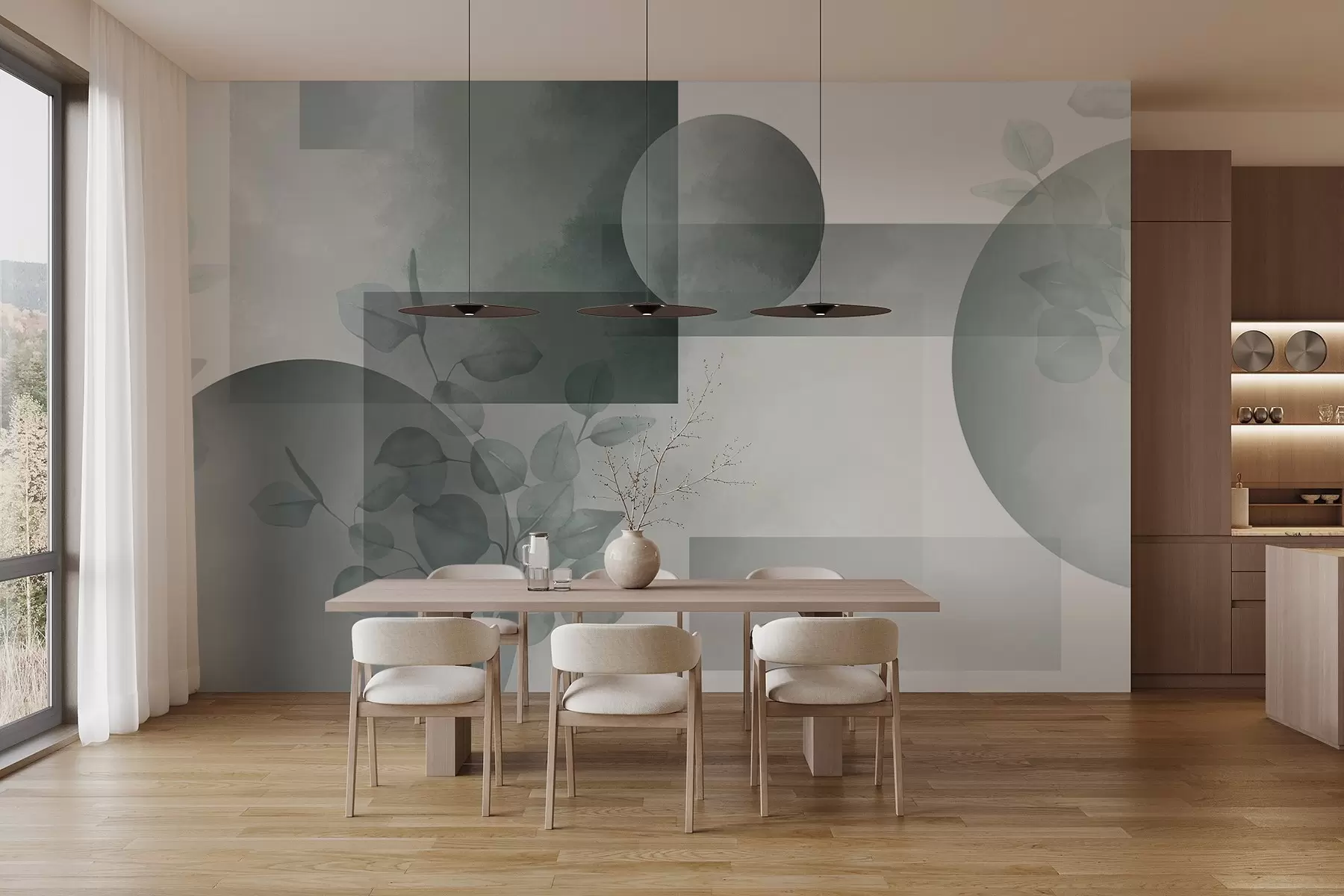 Fototapety Abstraktný moderný minimalistický geometrický dizajn s kruhmi a obdĺžnikmi, eukalyptové listy, akvarelový efekt w09110