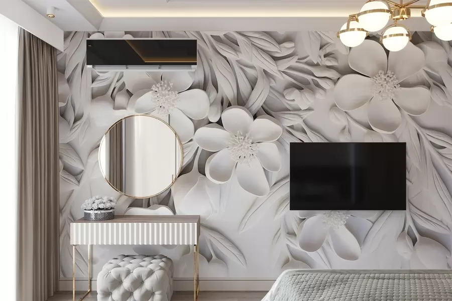 Fototapety Biele kvety a listy na bielom pozadí, kvetinový elegantný, dekoratívny dizajn, zložité detaily w09113