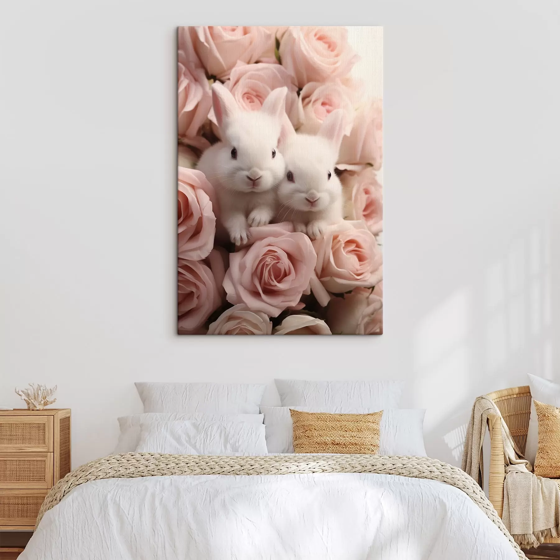 Obraz Dva biele králiky v jemných kvetoch ruží s44380