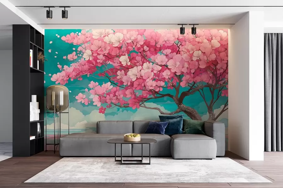 Fototapety Ružový rozkvitnutý strom s padajúcimi okvetnými lístkami a modrou oblohou v romantickom štýle w09120