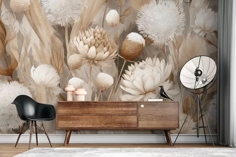 Fototapety Boho harmónia: Textúrované kvety v béžových a krémových tónoch w09121