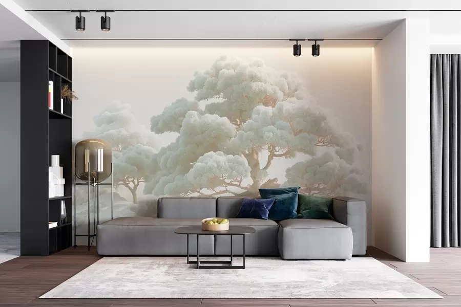 Fototapety Borovice v hmle v jemných tónoch stojace v lese w09122