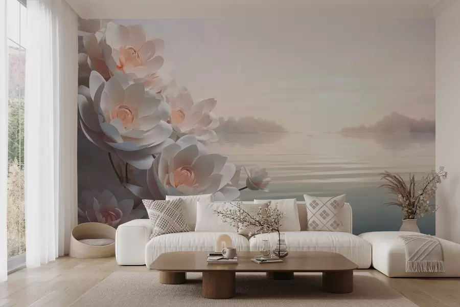 Fototapety Pastelové lotosy na vode pod večernou oblohou w03988