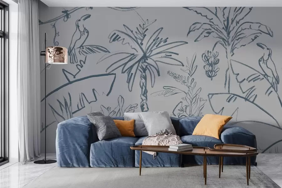 Fototapety Tropický vzor v modrej farbe, banány, palmy w04020v1