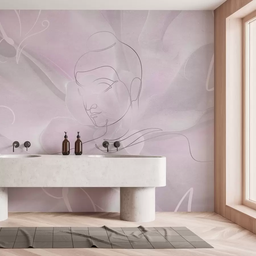 Fototapety Kvetinová abstrakcia s kresbou Budhu, ružové farby w04004v2 - Uwalls.sk Fototapety Kvetinová abstrakcia s kresbou Budhu, ružové farby w04004v2