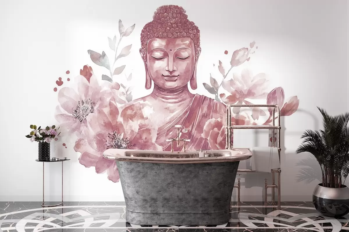 Fototapety Akvarel Budha s kvetmi, duchovné, bordová paleta farieb  w04005v2 - Uwalls.sk Fototapety Akvarel Budha s kvetmi, duchovné, bordová paleta farieb  w04005v2
