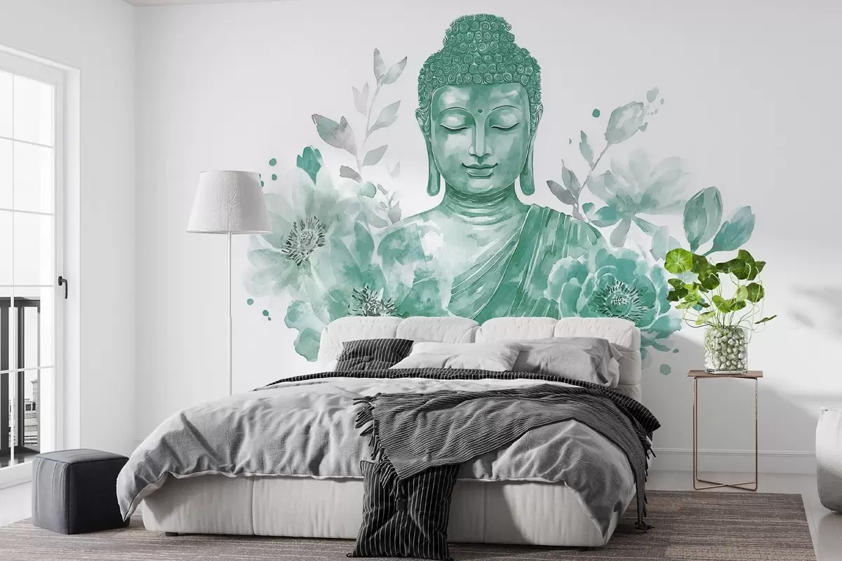 Fototapety Akvarel Budha s kvetmi, duchovná, zelená paleta farieb  w04005v3