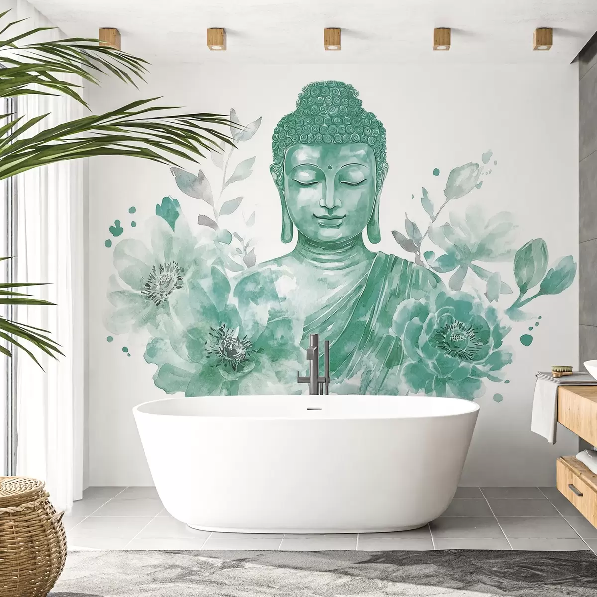 Fototapety Akvarel Budha s kvetmi, duchovná, zelená paleta farieb  w04005v3 - Uwalls.sk Fototapety Akvarel Budha s kvetmi, duchovná, zelená paleta farieb  w04005v3