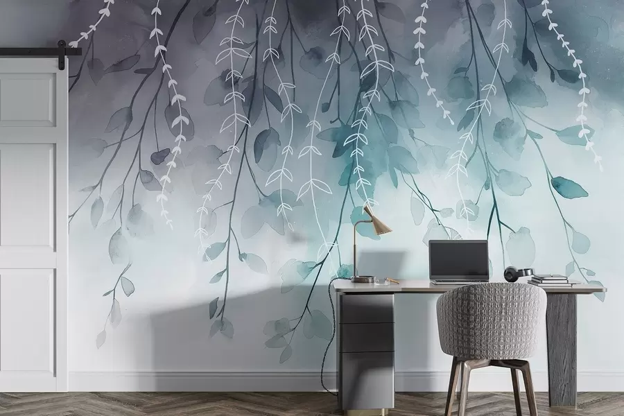 Fototapety Vetvy s listami v akvarelovom štýle, prírodné akvamarínové farby w04007v3